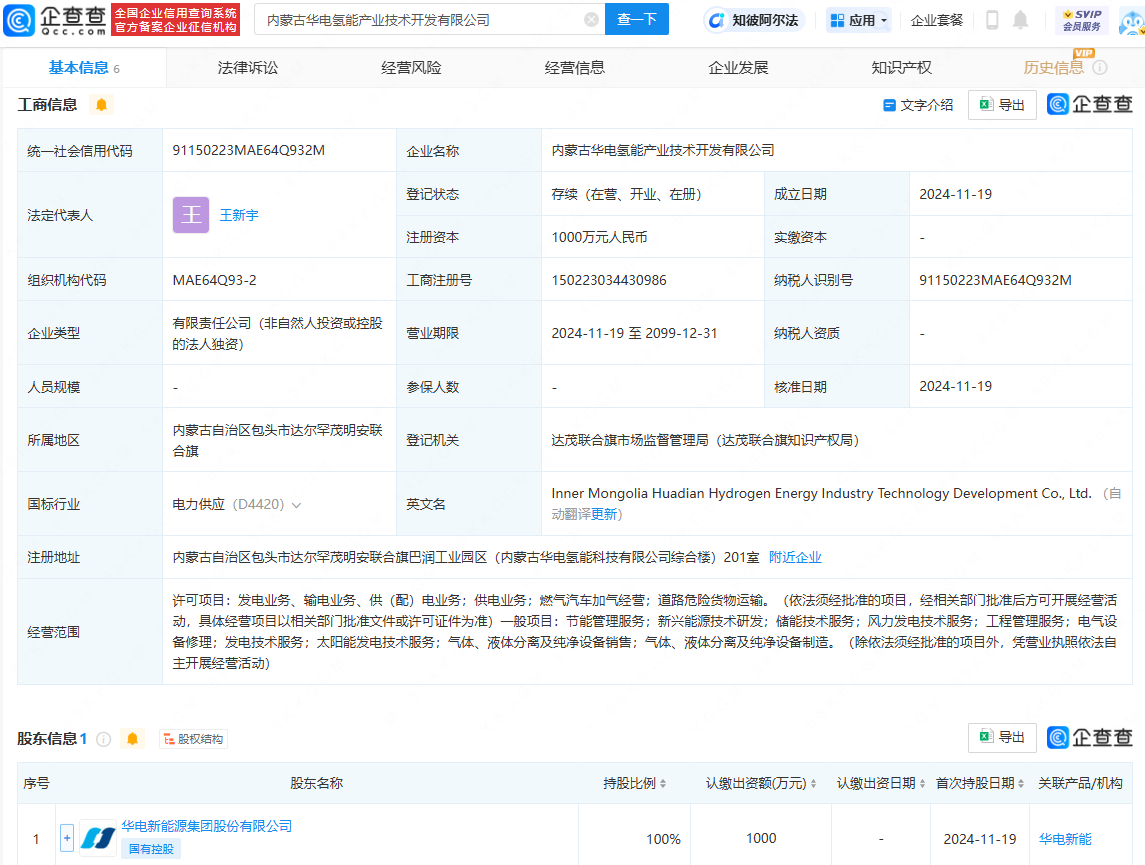 华电新能源在内蒙古成立氢能产业技术开发公司 推动新兴能源技术研发